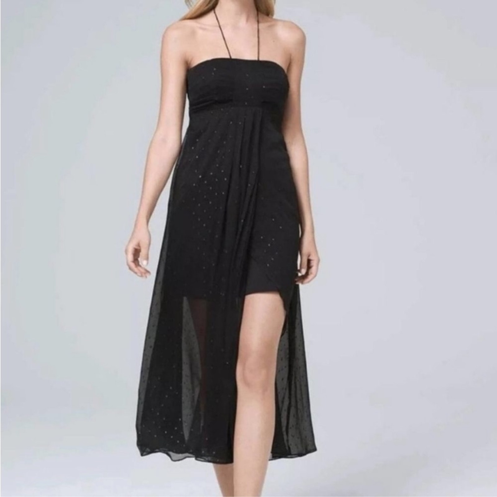 White House Black Market Strapless Halter Maxi Dress With Sheer Overlay 12 Nwt